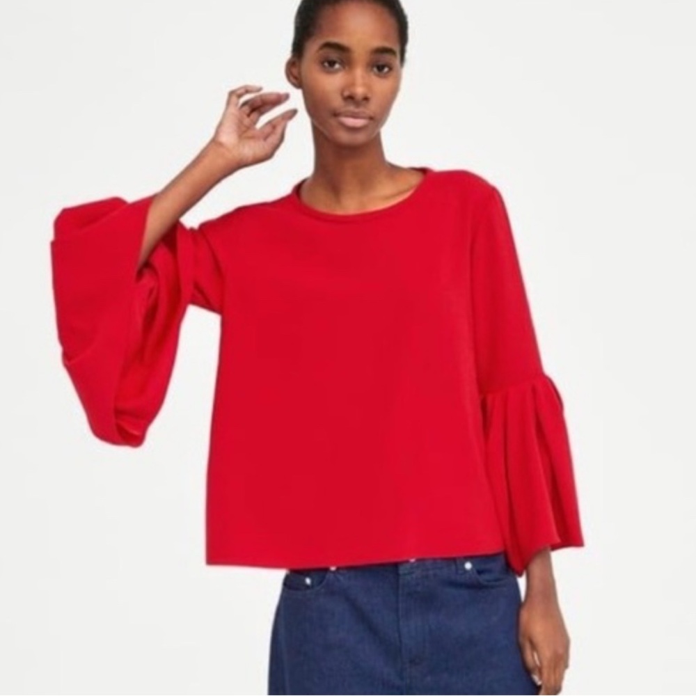 Zara Vibrant Red Blouse with Bell Sleeves